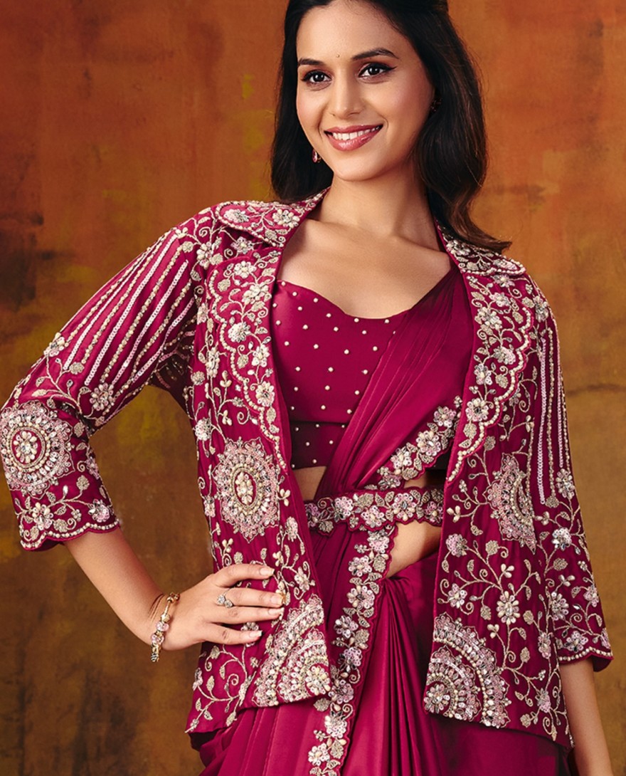 27104-A - Rani Pink Embroidered Wedding Party Designer Saree
